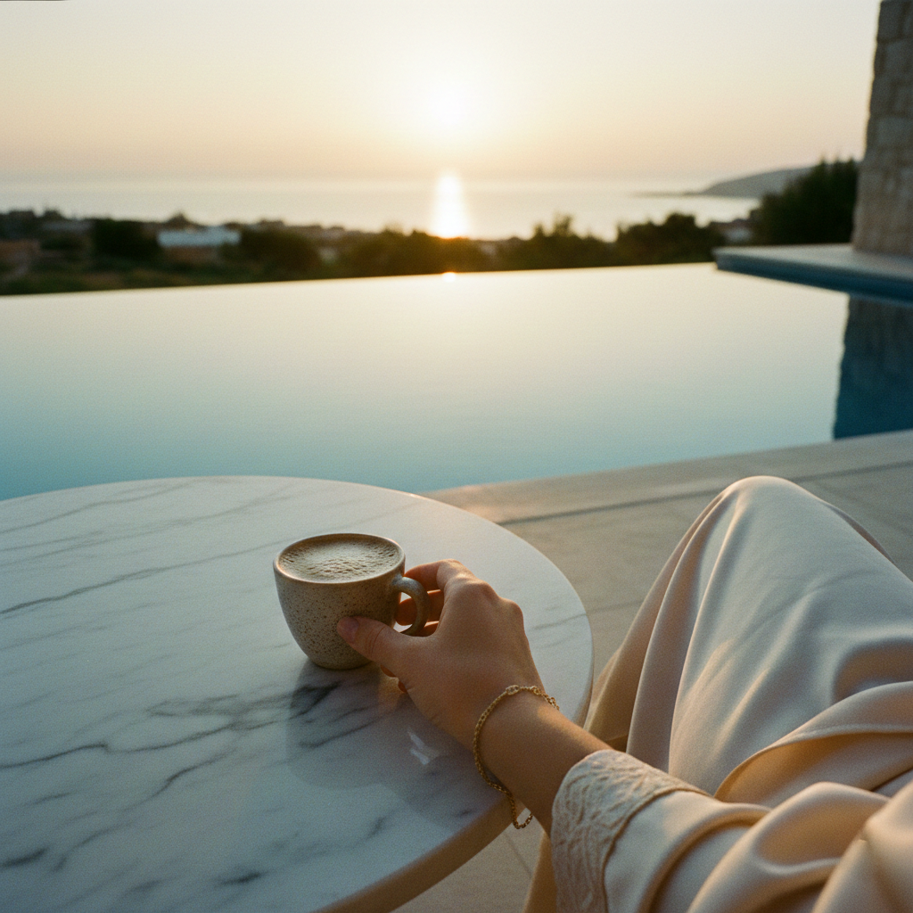 Утренний кофе на террасе роскошного отеля — безопасные условия работы, проживание и контракты для моделей на Кипре. Morning coffee on a luxury hotel terrace - safe working and premium living conditions for girls working abroad.